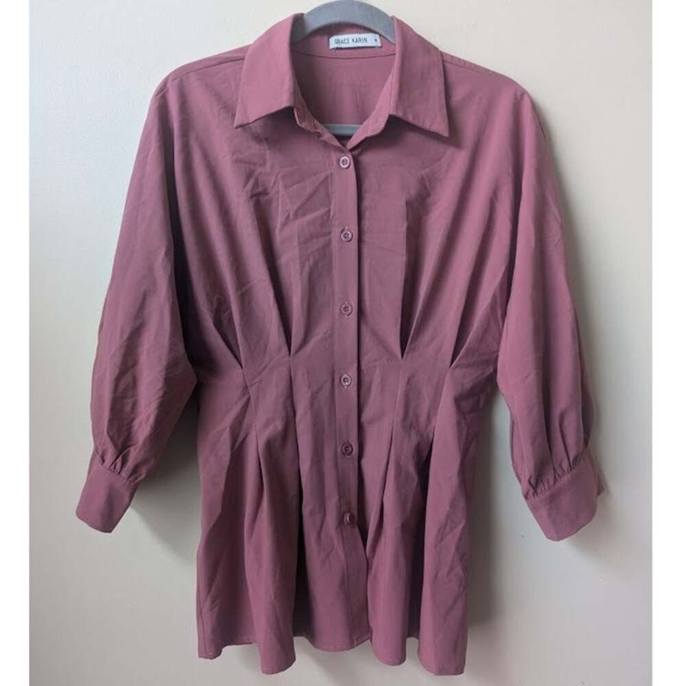 GRACE KARIN Women's Office Button up Blouse Pink Shirt sinched waist Sz Medium
